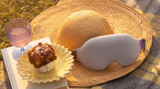myNight blackout sleep mask on straw hat